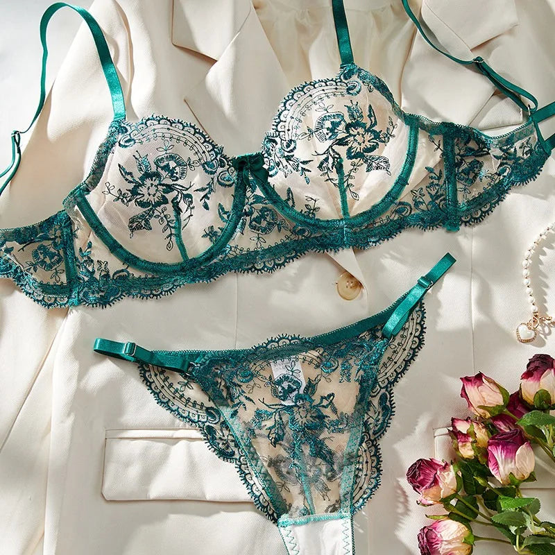 Conjunto Lencería Bordado Floral Transparente Aro Rejilla Copa Fina Sujetador Push Up Estilo Puro Deseo Ropa Interior Mujer S-XL