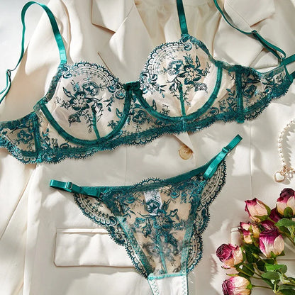 Conjunto Lencería Bordado Floral Transparente Aro Rejilla Copa Fina Sujetador Push Up Estilo Puro Deseo Ropa Interior Mujer S-XL