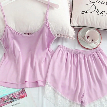 HELTFARM pyjamasset dam med spets – ärmlös V-ringad topp och shorts, S–XL