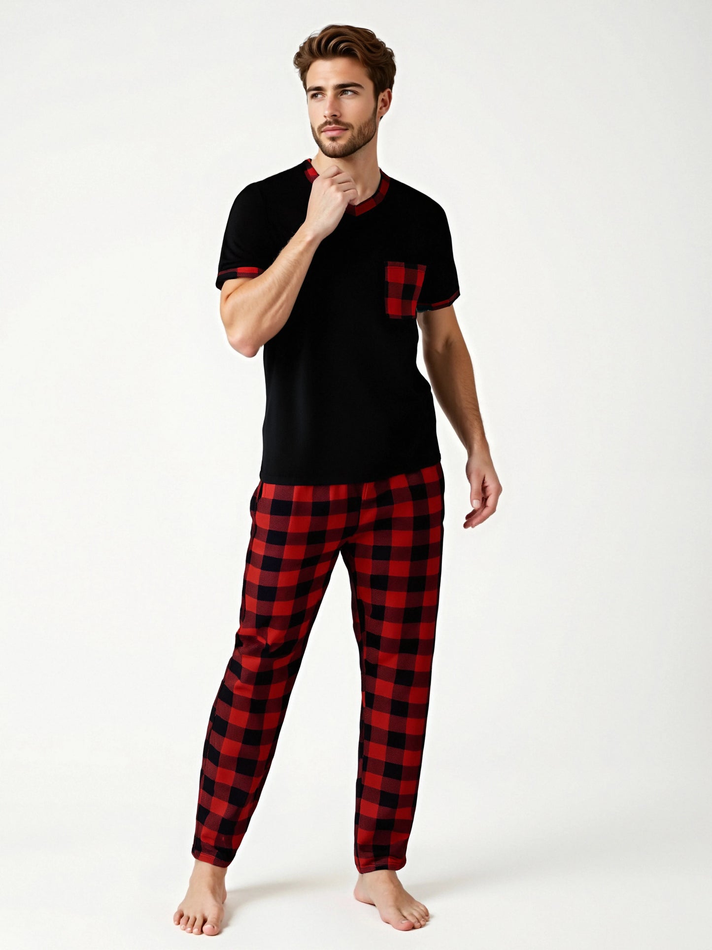 Herr Pyjamas Set Rutig – Kortärmad V-ringning & Byxor med Fickor Drawstring, 5 Färger M–1XL