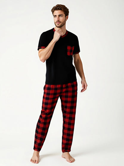Herr Pyjamas Set Rutig – Kortärmad V-ringning & Byxor med Fickor Drawstring, 5 Färger M–1XL