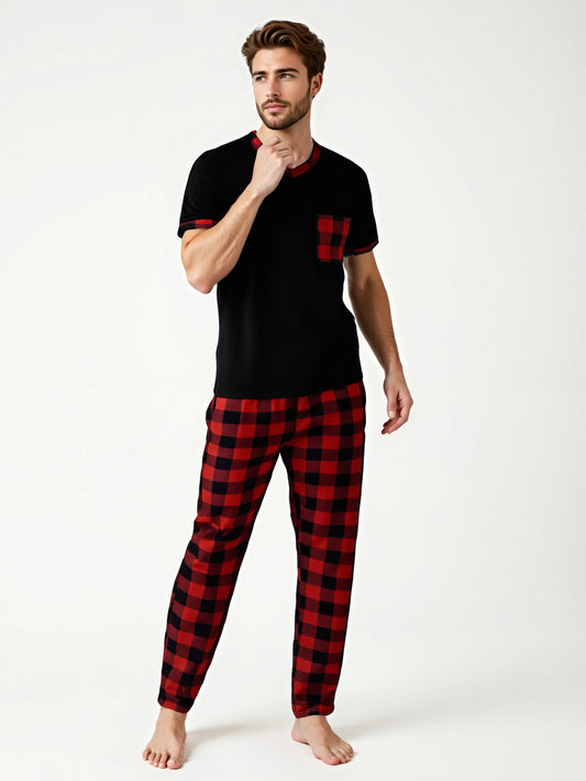 Herr Pyjamas Set Rutig – Kortärmad V-ringning & Byxor med Fickor Drawstring, 5 Färger M–1XL