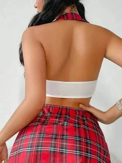 Sexy Schoolgirl Costume Sets White Lace Up Crop Top Red Plaid Mini Skirt With Bowknot Pure Desire Charming Skirt Sets Sweet 3KHF