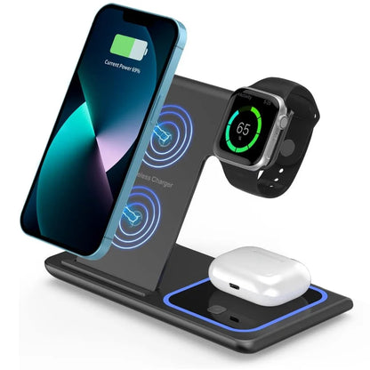 LED Snabbt Trådlöst Laddningsställ 3 i 1 Vikbar Laddstation för iPhone och Apple Watch
