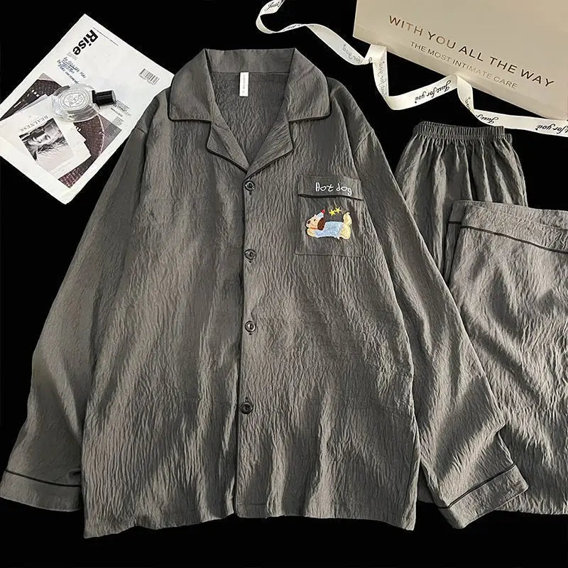Herr Pyjamas 2-delad – Vintage Rutig Broderad Hund, Plus Size L–3XL, 5 Motiv