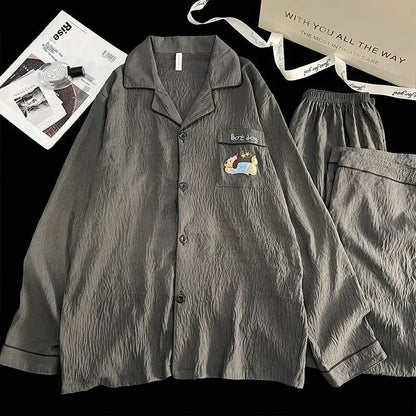 Herr Pyjamas 2-delad – Vintage Rutig Broderad Hund, Plus Size L–3XL, 5 Motiv