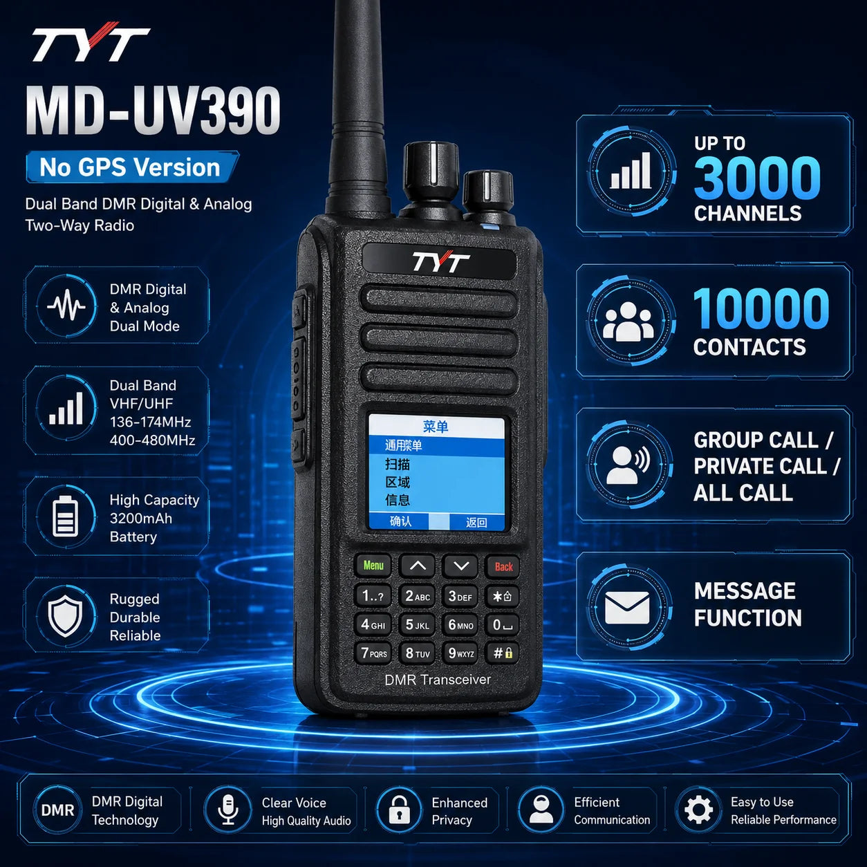 TYT MD-UV390 Dual Band DMR Two Way Radio VHF UHF Digital Analog Handheld Walkie Talkie GPS IP67 3000 Channels