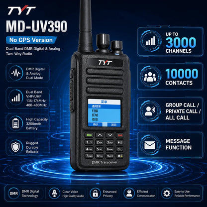TYT MD-UV390 Dual Band DMR Two Way Radio VHF UHF Digital Analog Handheld Walkie Talkie GPS IP67 3000 Channels