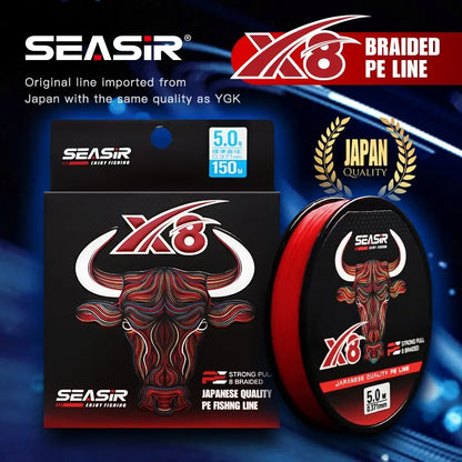 Seasir RedBull 8 Braided Pe Fishing Line 150M 0.8-5.0 12-50LB Japan Quality Multifilament High Stength Strands Main Line