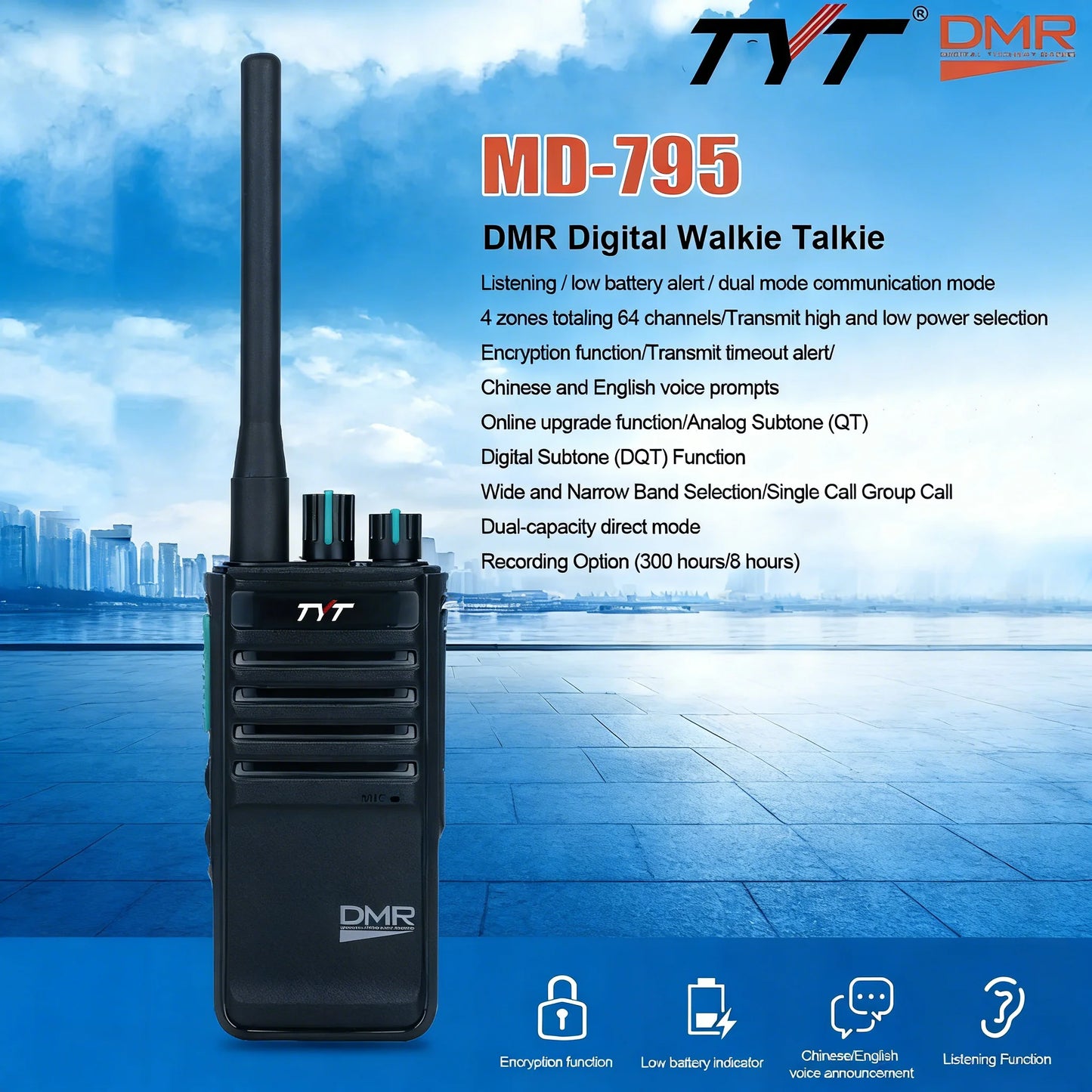TYT MD-795 DMR Digital Walkie Talkie UHF 400-470MHz 4W/1W 64 Channels Voice Encryption Two Way Radio Long Range