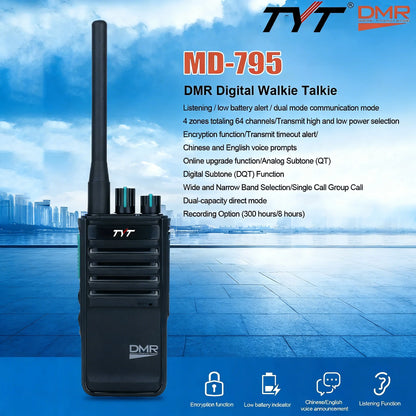 TYT MD-795 DMR Digital Walkie Talkie UHF 400-470MHz 4W/1W 64 Channels Voice Encryption Two Way Radio Long Range