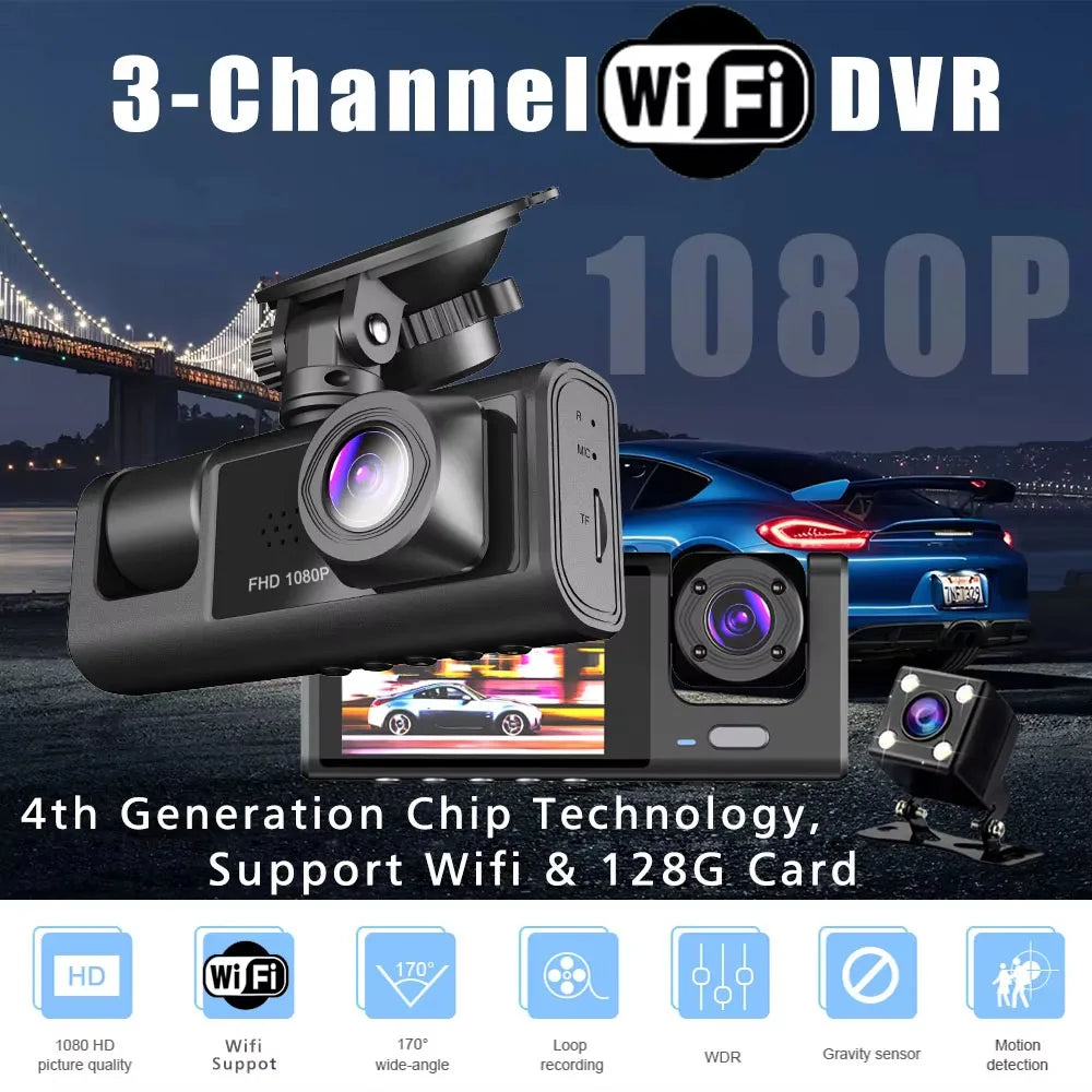 Wifi 3 Channel Dash Cam Three Way Car DVR Inside Vehicle Camera DVRs Recorder HD 1080P Video Mini Registrator Dashcam Camcord