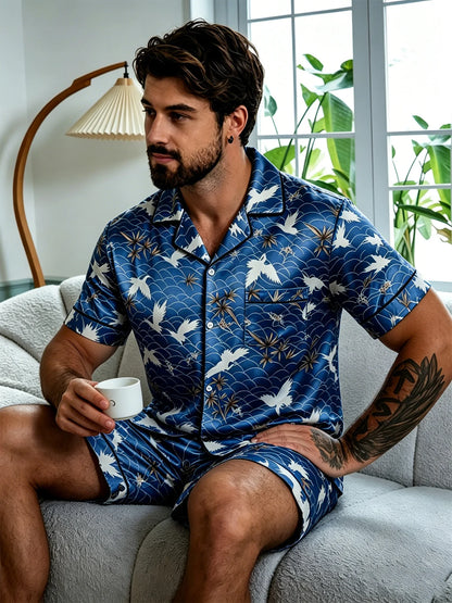 Men's Pj Satin Stripe Print Design Short Sleeve Pajama Set Soft Comfortable Sleepwear for Summer Lightweight Homewear Lougewear