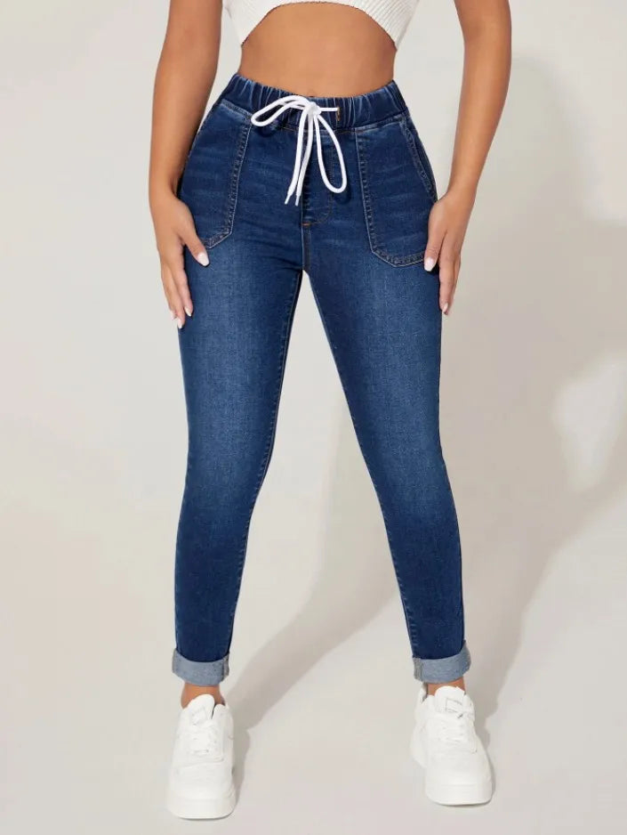 Stretch Pencil Pants Women High Waist Lace Up Distressed Denim Ankle Length Trousers Slim Denims 2024 Streetwear Vintage Jeans