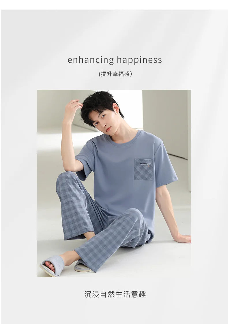 Antibacterial Cotton Pajamas for Men Summer Short Sleeve Shorts Long Pant Three-Piece Set Simple Solid Color Loose Homewear