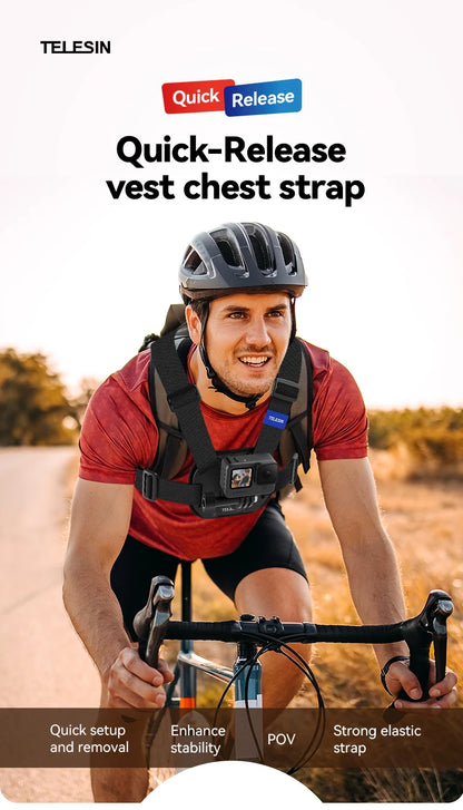 TELESIN Quick-Release Chest Strap Mount for GoPro Hero 13 12 11 10 9 8 7 Insta360 SJCAM DJI OSMO Action 5 4 3 Chest Belt Mount