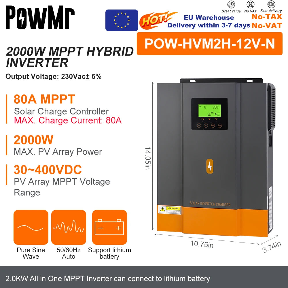 PowMr Hybrid Solväxelriktare 2kW–11kW – Ren Sinusvåg MPPT 120A 12V/24V/48V 220V LiFePO4/Litium/Blåsyra WiFi EU-lager CE