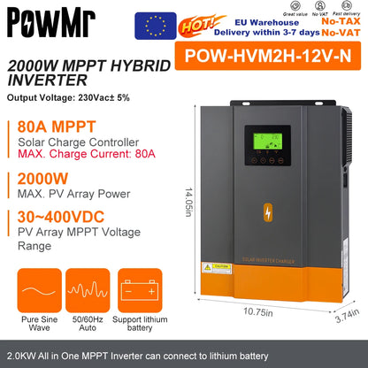 PowMr Hybrid Solväxelriktare 2kW–11kW – Ren Sinusvåg MPPT 120A 12V/24V/48V 220V LiFePO4/Litium/Blåsyra WiFi EU-lager CE
