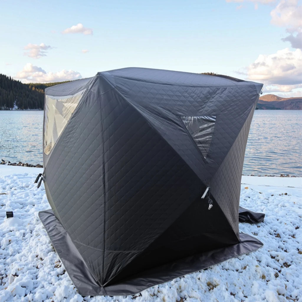 High Quality Snow-Resistant Cube Shape Pop-Up Sauna Tent for Ice Fishing Waterproof Automatic Portable Oxford Material Two Doors