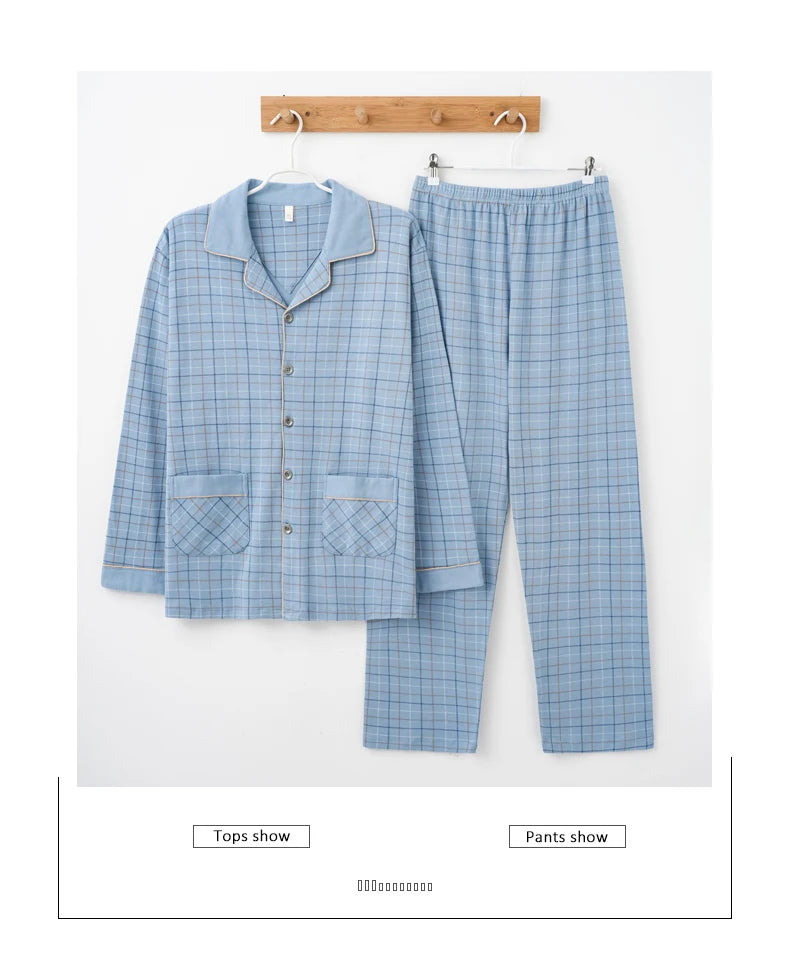 MiiOW Herr Pyjamas Set Vinter – Bomull Långärmad Rutig Grå Krage Plus Size, 8 Färger M–XXXL