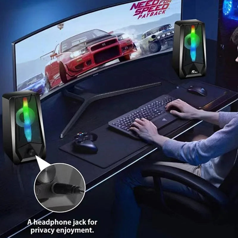 RGB Computer Speakers PC Sound Box HIFI Stereo USB Wired 3.5mm Audio Interface with LED Light For Desktop Computer Projector
