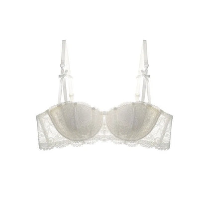 KUCLUT Jacquard lace big bow half-cup bra set, thin cotton cup breathable new small-bust push-up bra