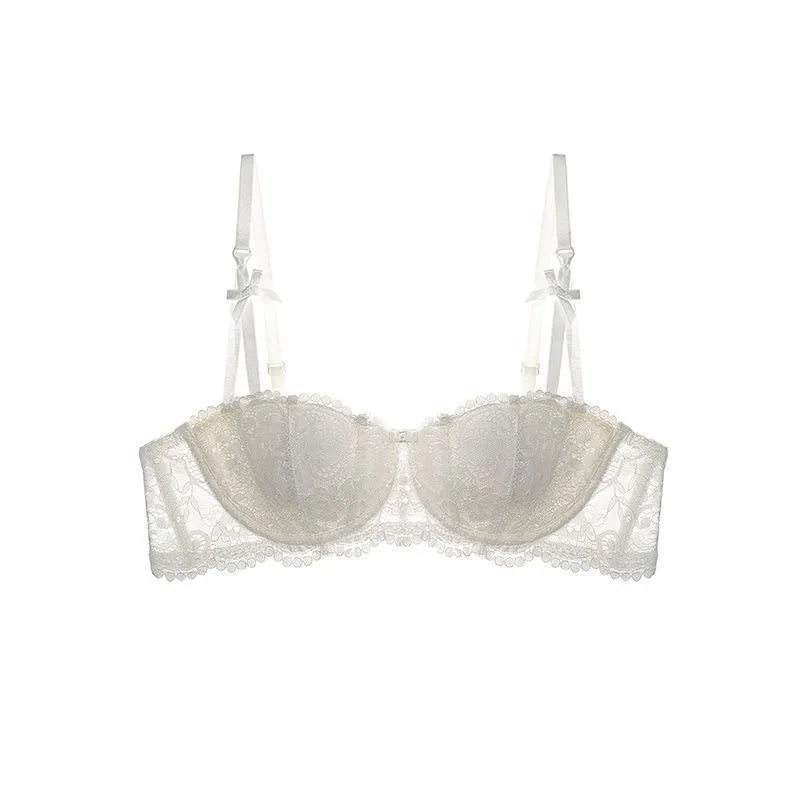 KUCLUT Jacquard lace big bow half-cup bra set, thin cotton cup breathable new small-bust push-up bra