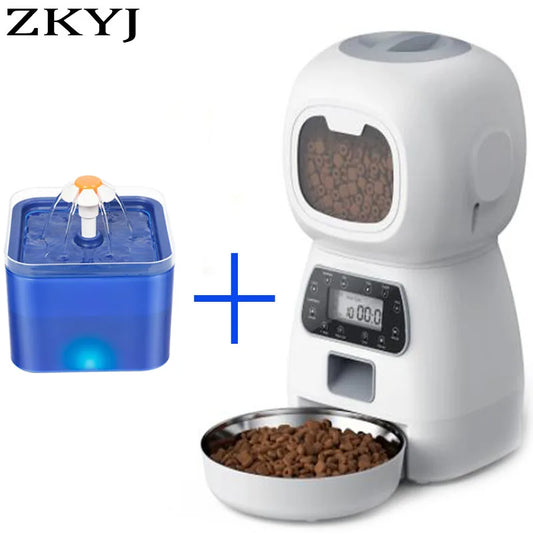 ZKYJ Smart Husdjursstation – 3,5L Automatisk Matare (WiFi/Tuya, LCD, Tidsinställning, Rostfritt Stål) + 2L Vattenfontän (4-filter, 3 Flödeslägen), Katt & Hund