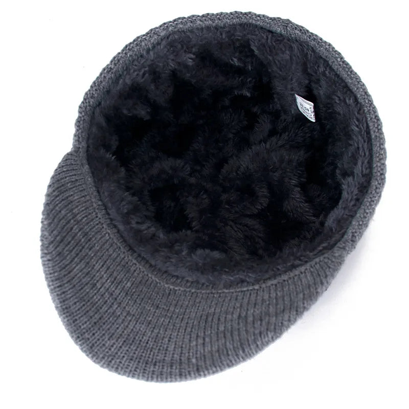 Hot Sale Unisex Warm Winter Hat With Brim Plush Fur Lined Knit Cap Sports Label Thicken Winter Hats For Men