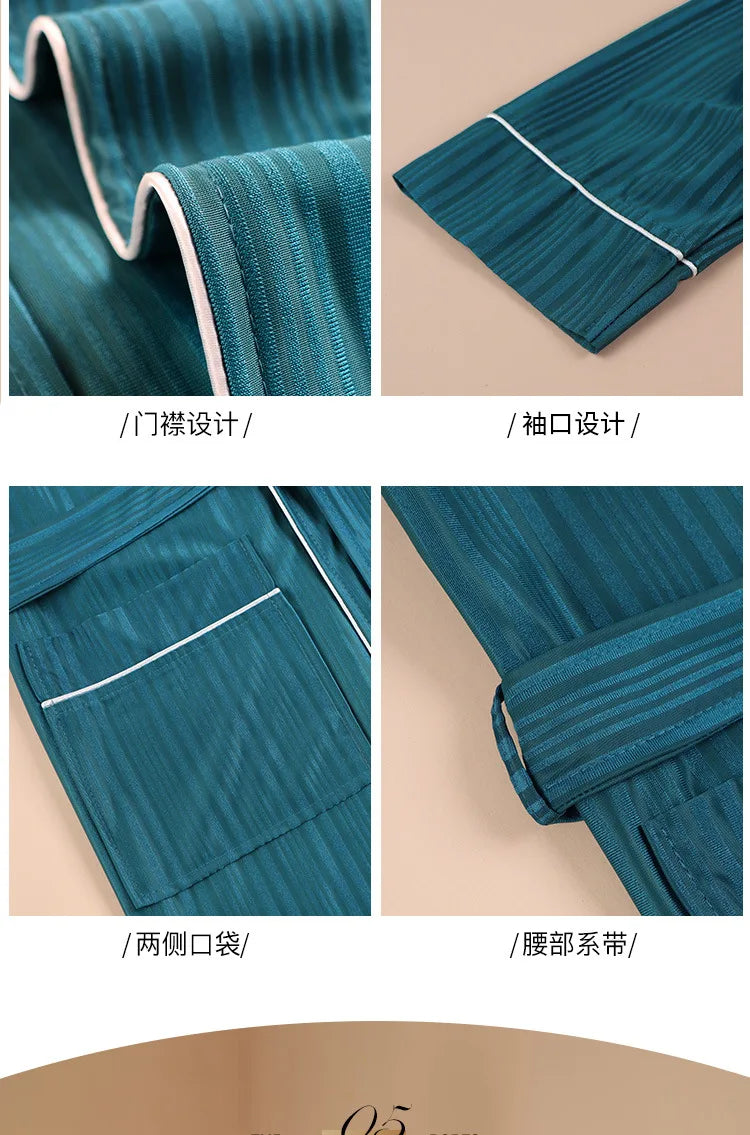 New Stripe Couple Bathrobe Cool Thin Spring Autumn Mid-Length Water Absorbent Loungewear Robe Men Women Luxury Home Nightgown