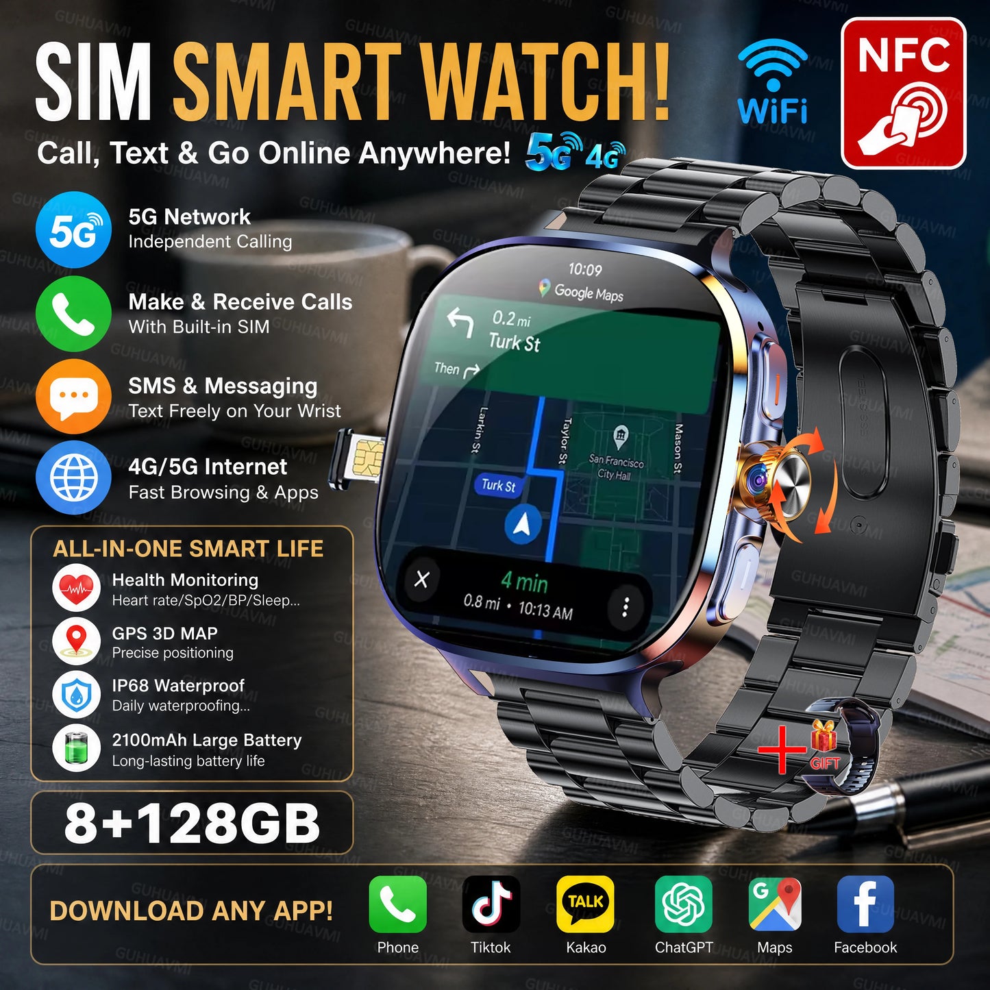 2026New 5G SIM Smart Watch 2.4" AMOLED 8+128GB GPS+NFC WIFI 1000W HD Camera IP68Waterproof Health Monitor Android Smartwatch Men