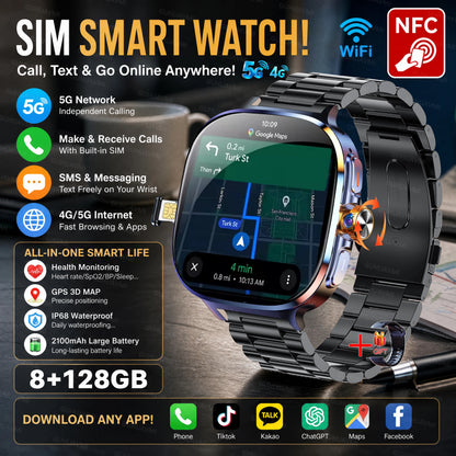 2026New 5G SIM Smart Watch 2.4" AMOLED 8+128GB GPS+NFC WIFI 1000W HD Camera IP68Waterproof Health Monitor Android Smartwatch Men