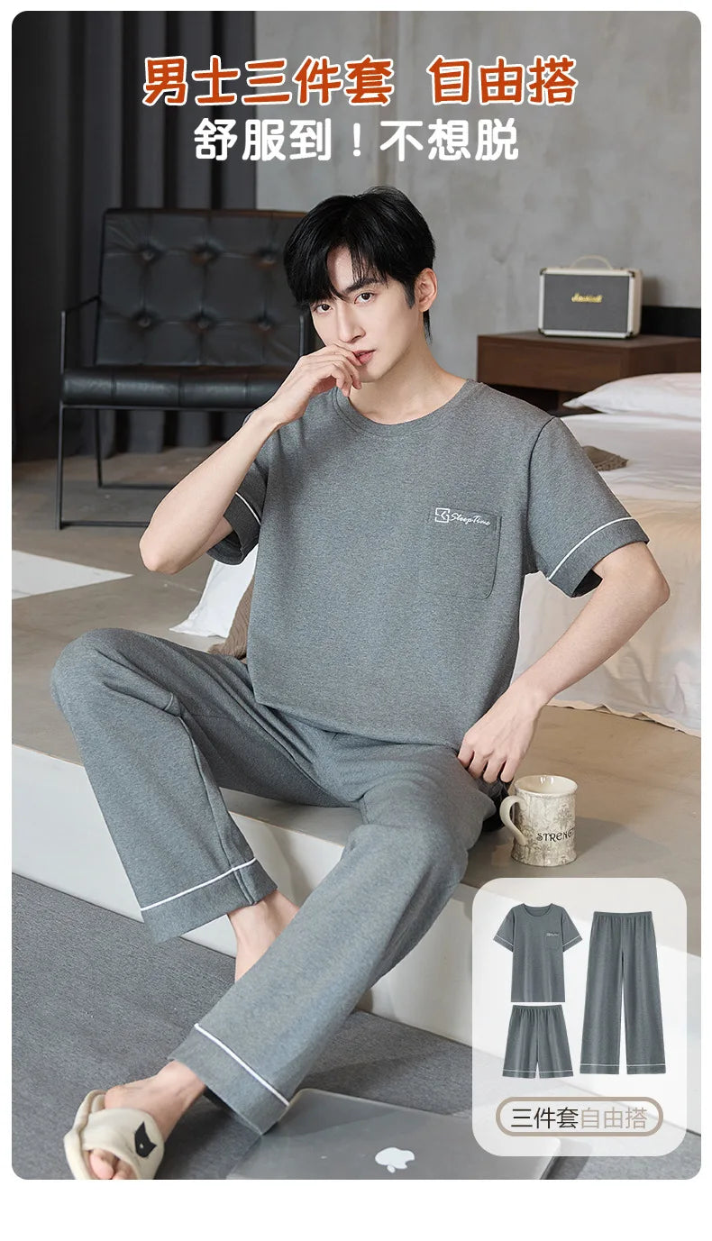 Short Sleeves & Shorts & Long Pant 3Pcs/set Cotton Nightwear for Men Summer Breathable Casual Sleepwear Male Loungewear Hombre