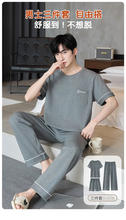 Short Sleeves & Shorts & Long Pant 3Pcs/set Cotton Nightwear for Men Summer Breathable Casual Sleepwear Male Loungewear Hombre