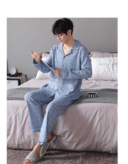 MiiOW Herr Pyjamas Set Vinter – Bomull Långärmad Rutig Grå Krage Plus Size, 8 Färger M–XXXL