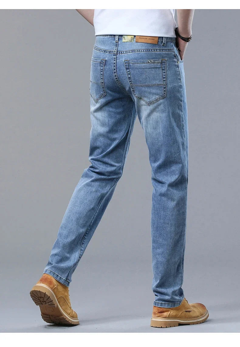 Spring and Summer Thin Men's Light Blue Slim Jeans Stylish Casual Stretch Fabric Denim Pants Classic Trousers Smoke Gray