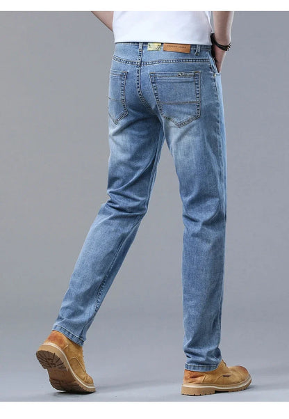 Spring and Summer Thin Men's Light Blue Slim Jeans Stylish Casual Stretch Fabric Denim Pants Classic Trousers Smoke Gray