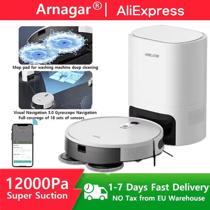 Arnagar S10 Smart Robot Vacuum Cleaner & Mop Low Mop Self Smart Home Robot Vacuum Cleaner Mop Self Empty App Control Sweeper 12000Pa Vslam 5200Mah Low Noise for Carpet Cleaning