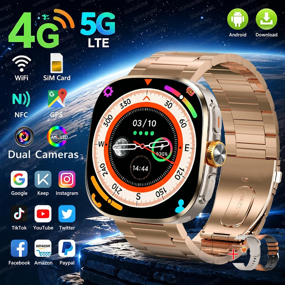 Smartklocka Herr 2026 – 4G/5G SIM, 8GB+128GB, 2,4" AMOLED, GPS, WiFi, Videosamtal & Android-appar