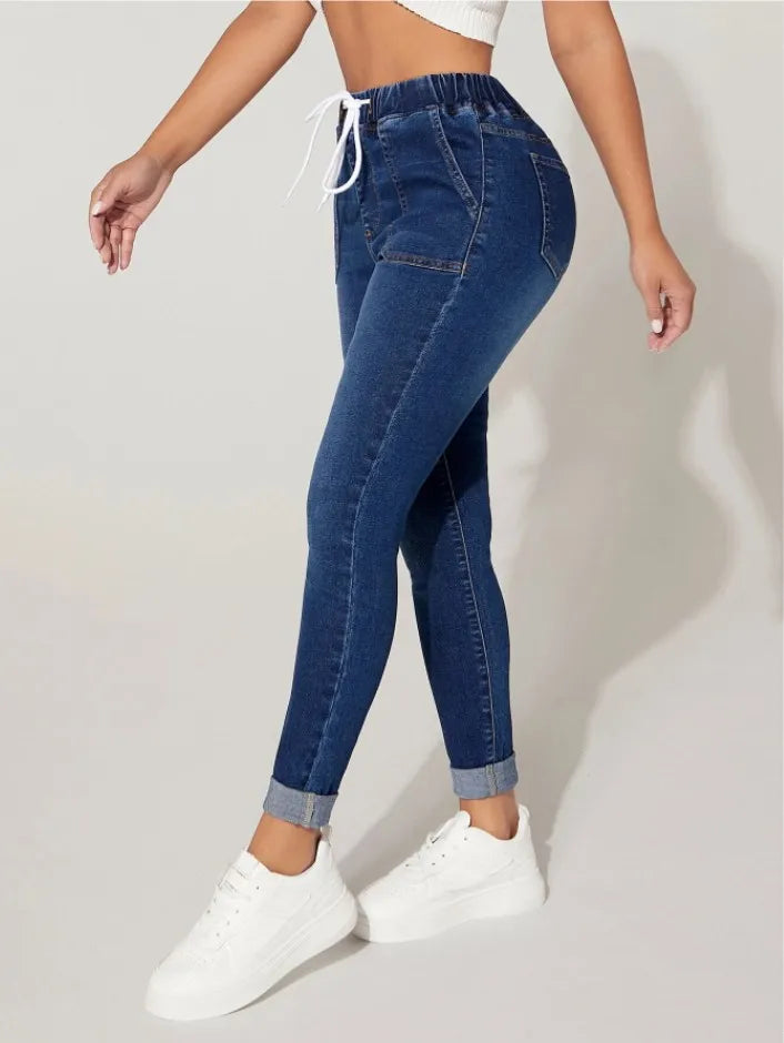 Stretch Pencil Pants Women High Waist Lace Up Distressed Denim Ankle Length Trousers Slim Denims 2024 Streetwear Vintage Jeans