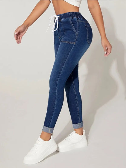 Stretch Pencil Pants Women High Waist Lace Up Distressed Denim Ankle Length Trousers Slim Denims 2024 Streetwear Vintage Jeans