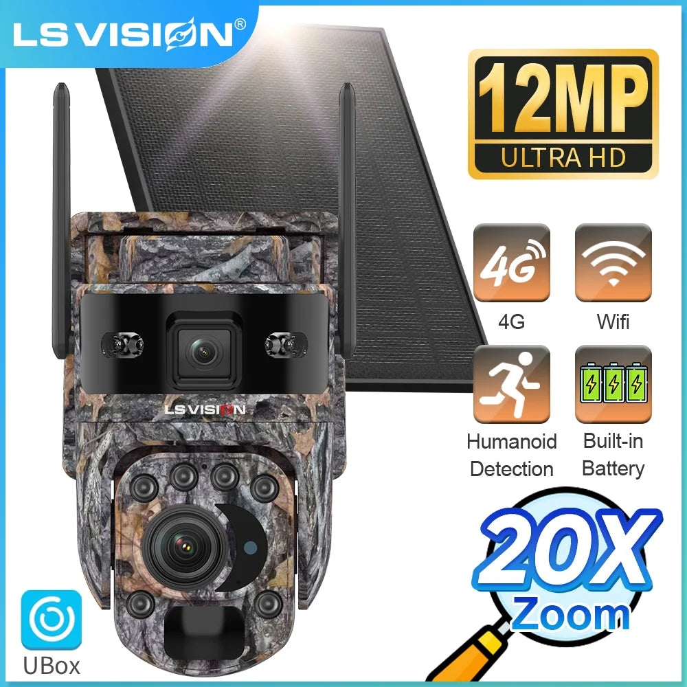 LS VISION 12MP 20X Optical Zoom 4G/ WiFi Solar Camera Outdoor Camouflage PTZ Cameras Surveillance CCTV Solar Hunting Camera Ubox