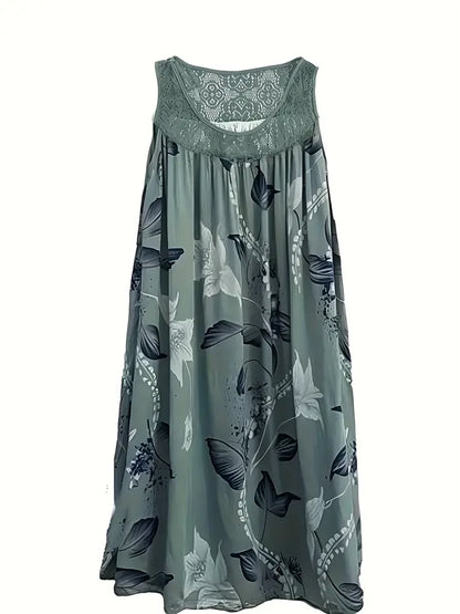 Plus size women's sleeveless round neck A-line dress with contrasting lace border floral print - knee length casual and pretenti
