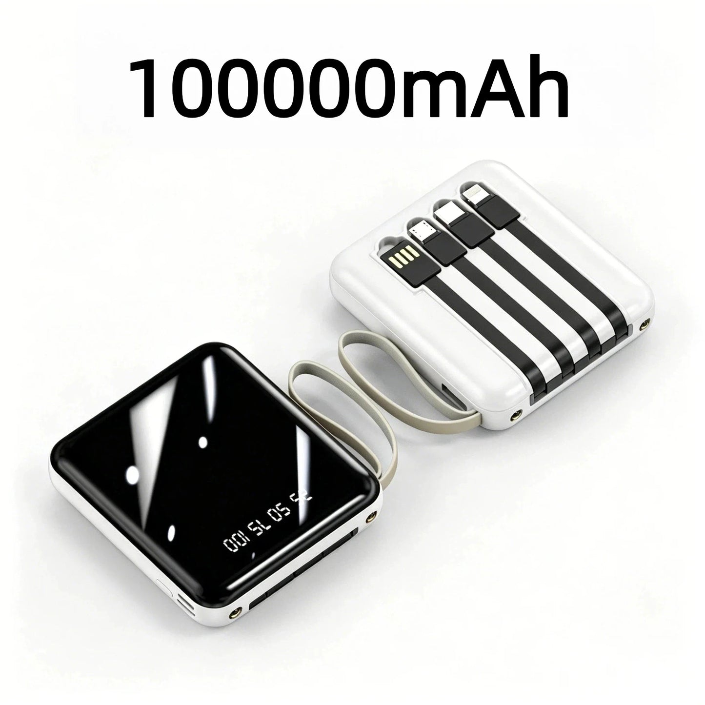 VIVO Mini Powerbank med 4 Inbyggda Kablar – Snabbladdning LED-display Dual USB Svart Vit Röd 50000/100000/200000mAh