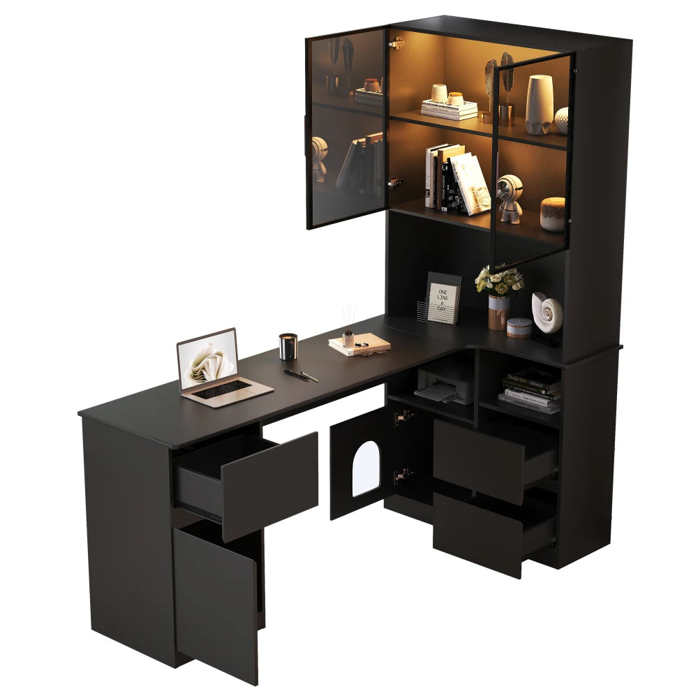Corner Desk with Shelf and LED Display Cabinet, Desk with Cable Outlet, 3 Drawers, 2 Doors, Open Compartments, Built-in Bookcase