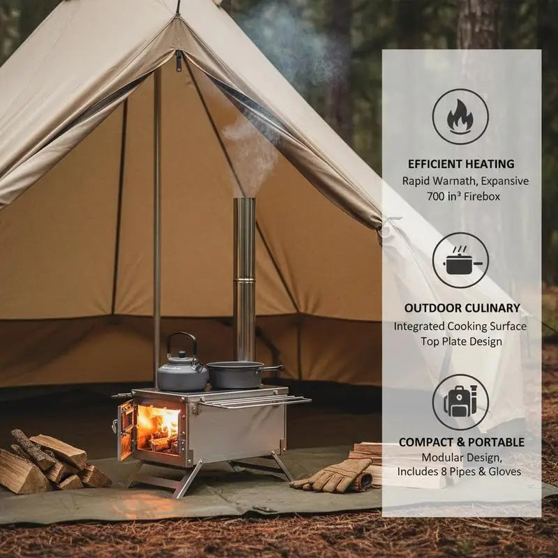 Vedkamin för Campingtält – Rostfritt Stål, 8 Skorstensrrör (203 cm), 49L Eldstad