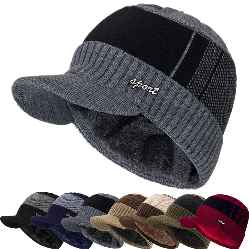 Hot Sale Unisex Warm Winter Hat With Brim Plush Fur Lined Knit Cap Sports Label Thicken Winter Hats For Men