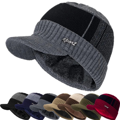 Hot Sale Unisex Warm Winter Hat With Brim Plush Fur Lined Knit Cap Sports Label Thicken Winter Hats For Men