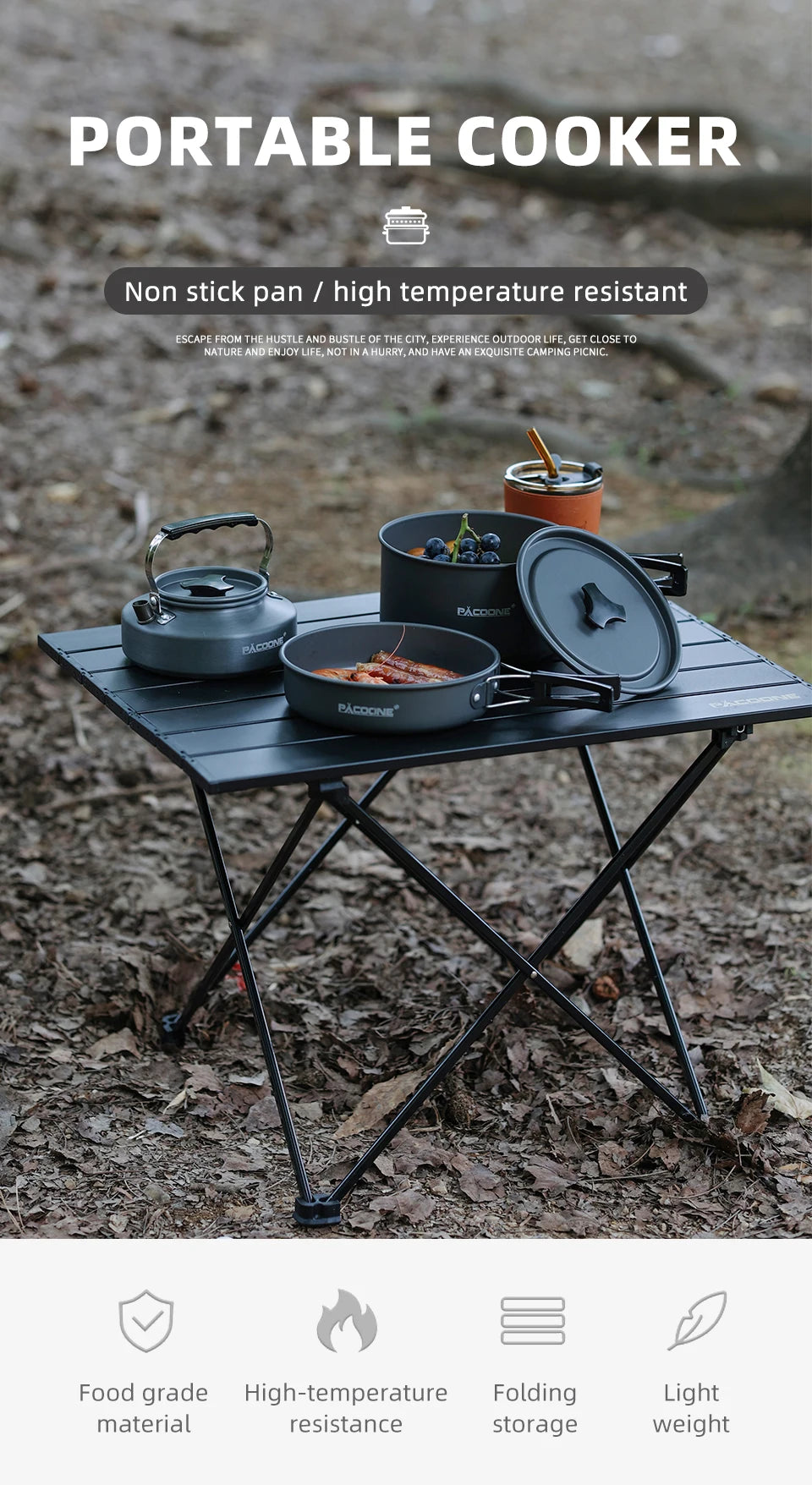 PACOONE Campingkokset – Portabelt Aluminiumset med Kastrull, Vattenkokare & Panna, Hopfällbart