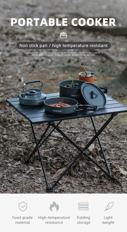 PACOONE Campingkokset – Portabelt Aluminiumset med Kastrull, Vattenkokare & Panna, Hopfällbart